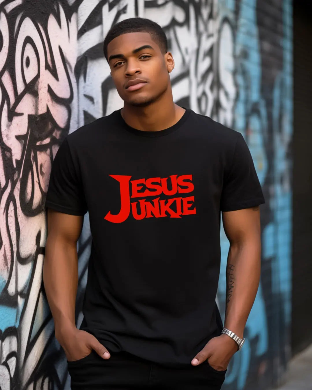 Man in a black “Jesus Junkie” t-shirt standing against graffiti background, looking confident and stylish