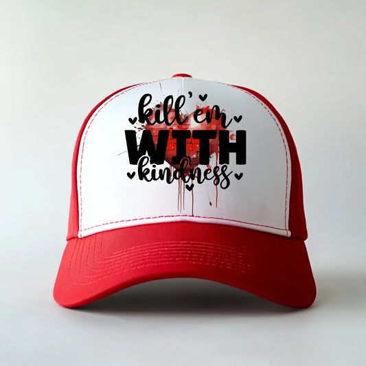 Red and white trucker hat with “Kill ’Em With Kindness” text, heart accents, and a dripping blood effect for an edgy fashion statement.