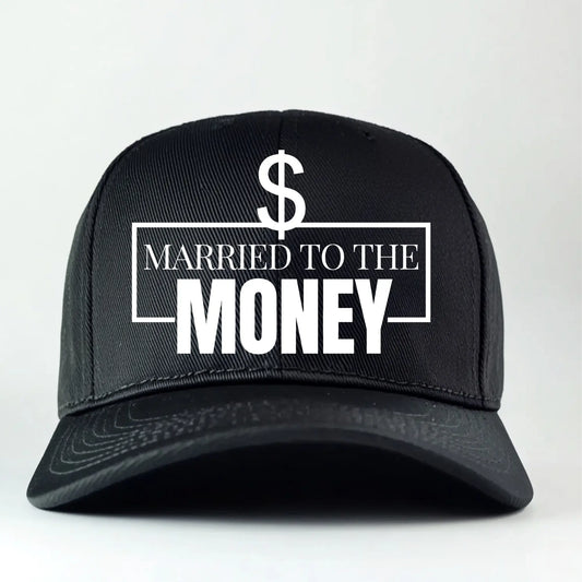 Black trucker hat with “Married to the Money” text and dollar sign, designed for hustlers and ambitious entrepreneurs.