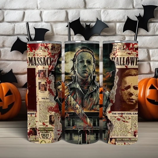 Michael Myers Halloween Tumbler | Horror Newspaper Collage Cup | Retro Slasher Drinkware (20oz) Product vendor