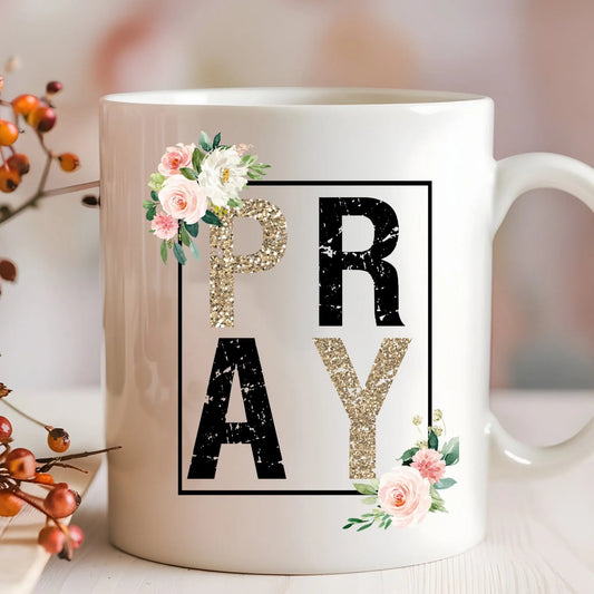 PRAY Floral Glitter Mug – Inspirational Faith Coffee Cup for Women Product vendor