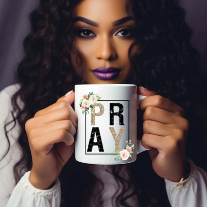 PRAY Floral Glitter Mug – Inspirational Faith Coffee Cup for Women Product vendor