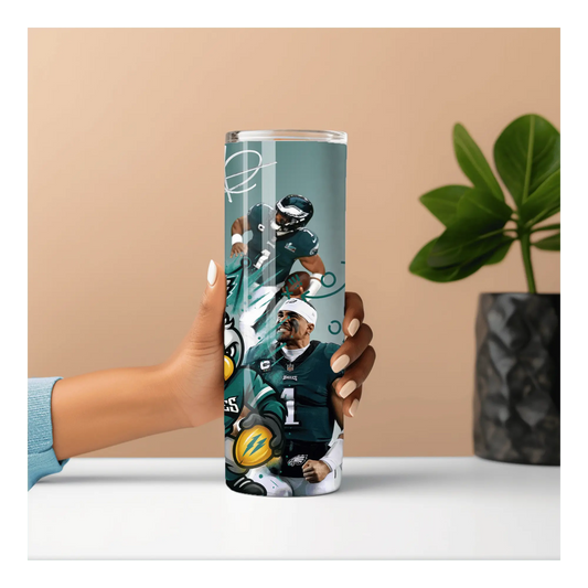 Philadelphia Eagles Tumbler | 20oz Football Player Cup | Game Day Sports Fan Drinkware | Jalen Hurts Inspired Skinny Tumbler | Eagles Gift for Her or Him Product vendor