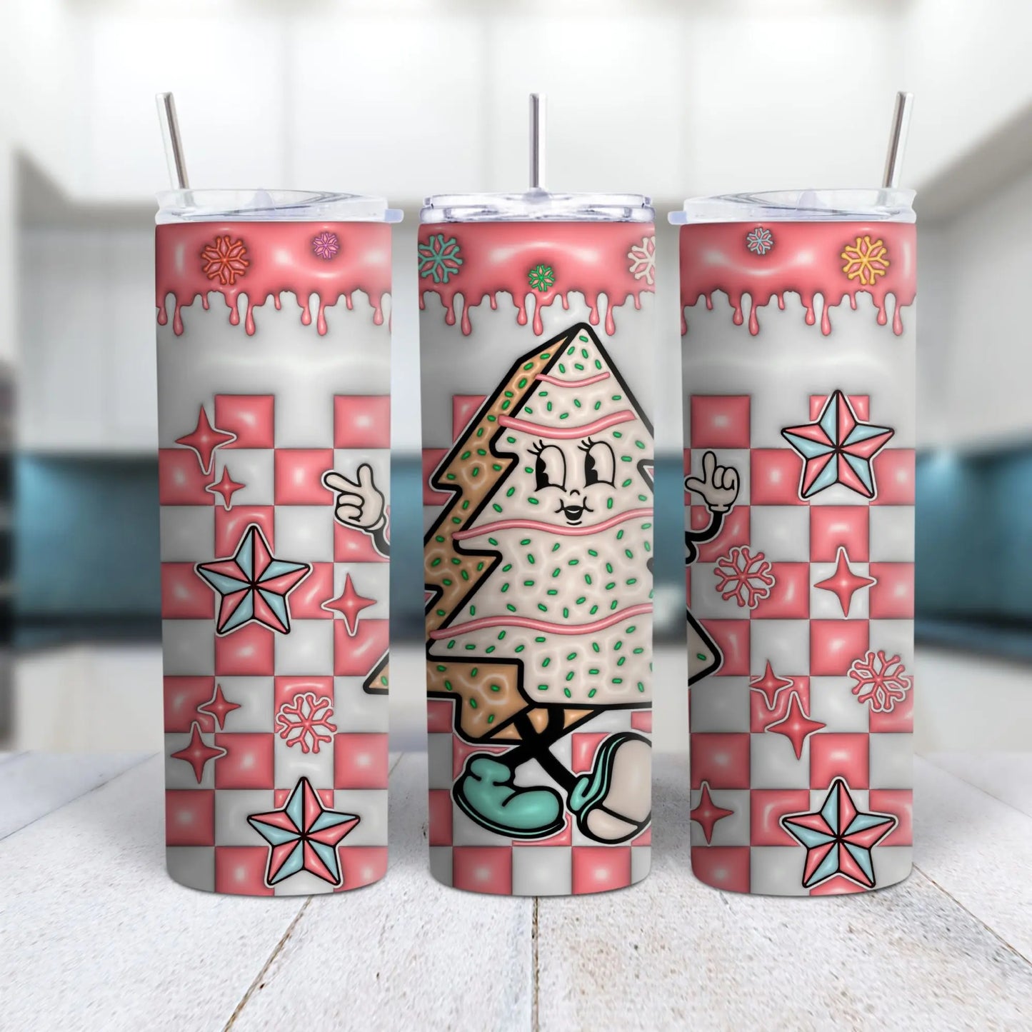 Retro Christmas Tree Girl Tumbler – Pink Checkerboard Holiday Cup, Cute Christmas Tree Character, 20oz Skinny Tumbler with Straw Product vendor