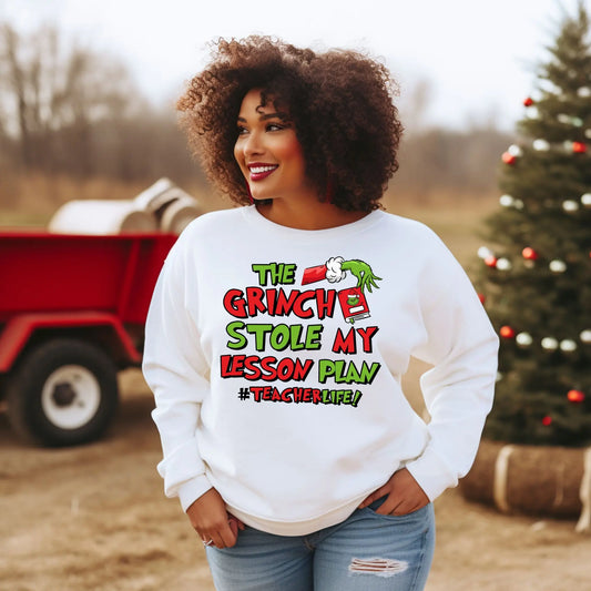 The Grinch Stole My Lesson Plan Teacher Christmas Sweatshirt – Funny Holiday Teacher Crewneck, Teacher Life Christmas Shirt Product vendor