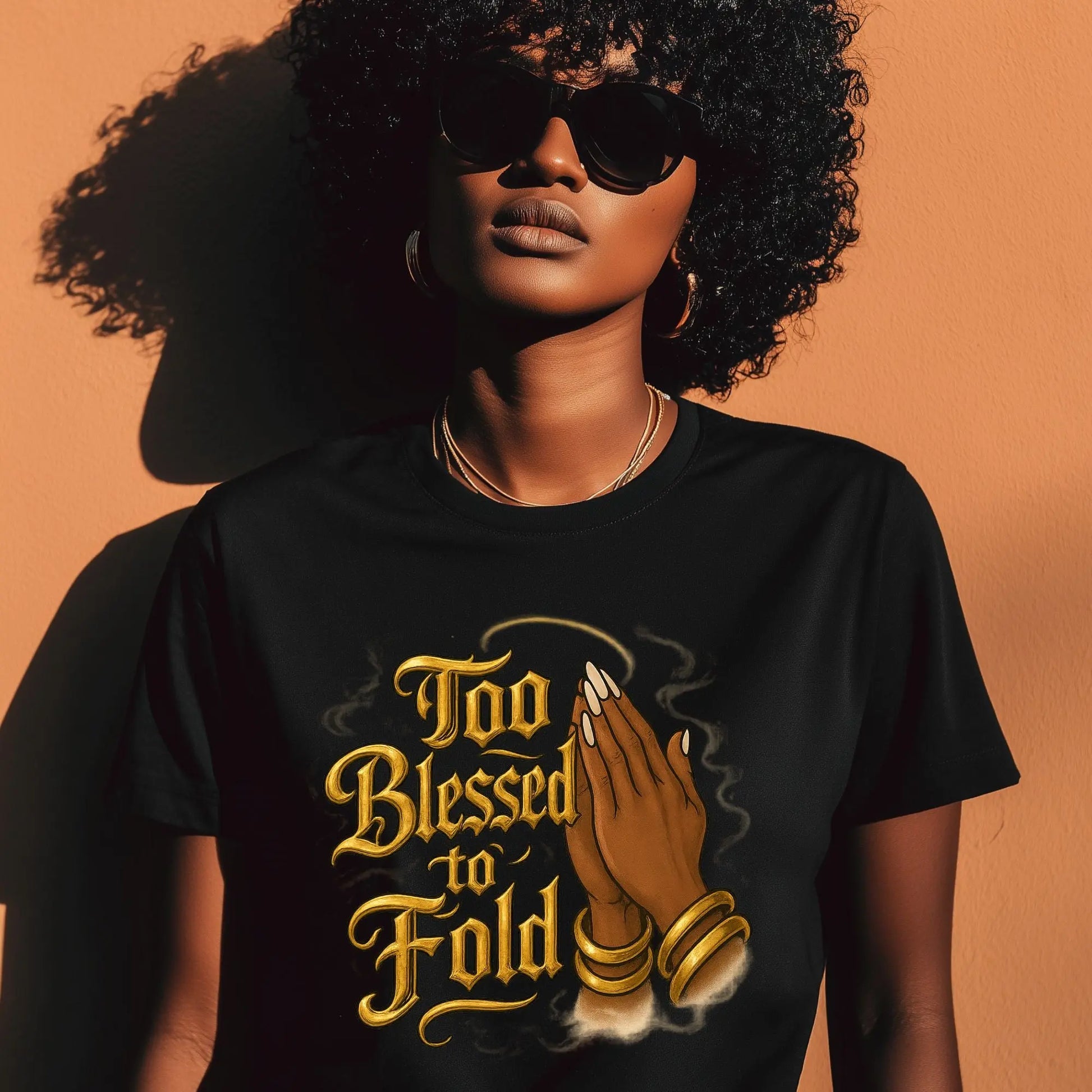 “Too Blessed to Fold” Graphic Tee – Black Woman Praying Hands Shirt | Faith Shirt for Women | Inspirational Christian Tee | Blessed Graphic T-Shirt Product vendor