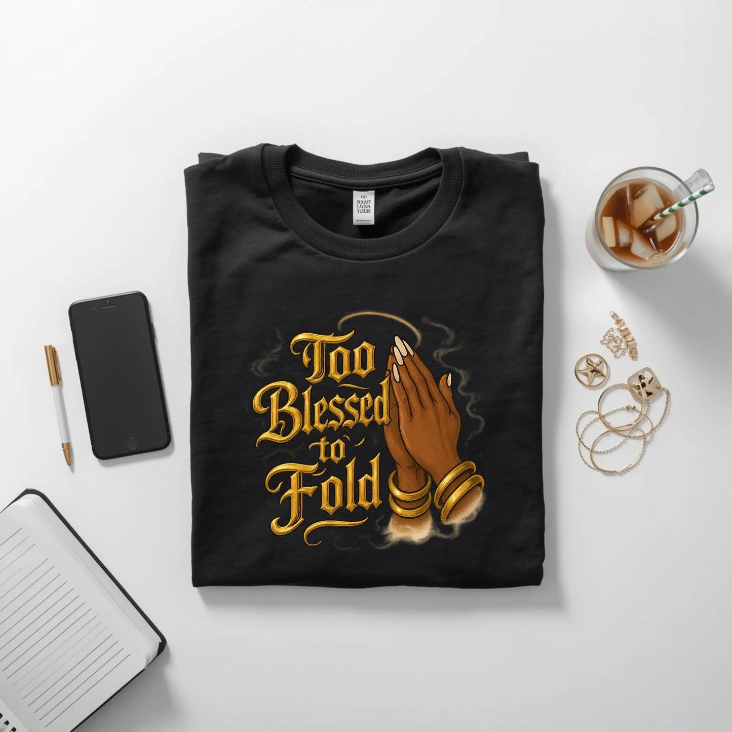 “Too Blessed to Fold” Graphic Tee – Black Woman Praying Hands Shirt | Faith Shirt for Women | Inspirational Christian Tee | Blessed Graphic T-Shirt Product vendor