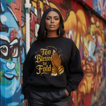 “Too Blessed to Fold” Graphic Tee – Black Woman Praying Hands Shirt | Faith Shirt for Women | Inspirational Christian Tee | Blessed Graphic T-Shirt Product vendor