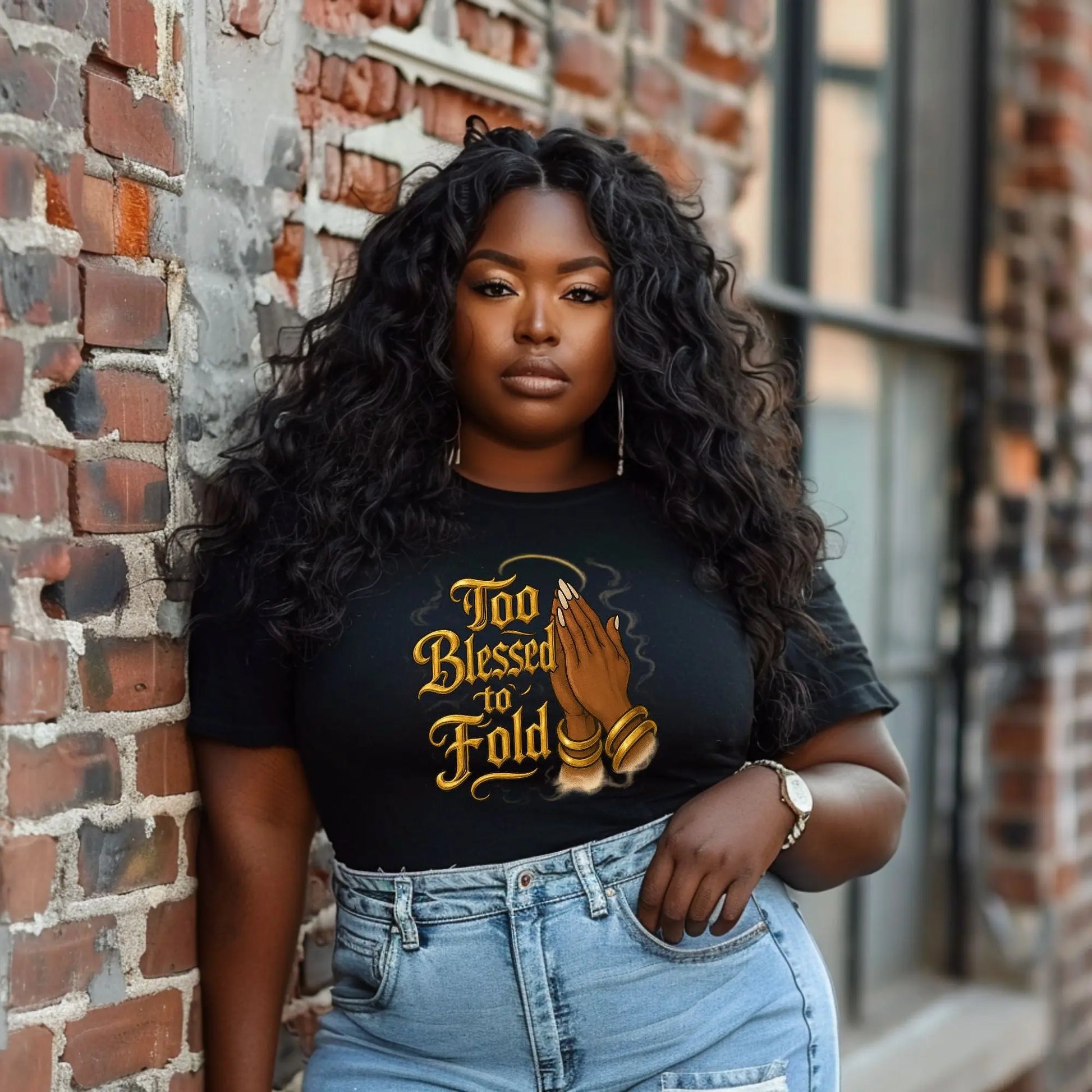 “Too Blessed to Fold” Graphic Tee – Black Woman Praying Hands Shirt | Faith Shirt for Women | Inspirational Christian Tee | Blessed Graphic T-Shirt Product vendor