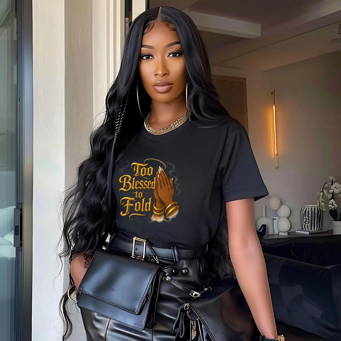 “Too Blessed to Fold” Graphic Tee – Black Woman Praying Hands Shirt | Faith Shirt for Women | Inspirational Christian Tee | Blessed Graphic T-Shirt Product vendor