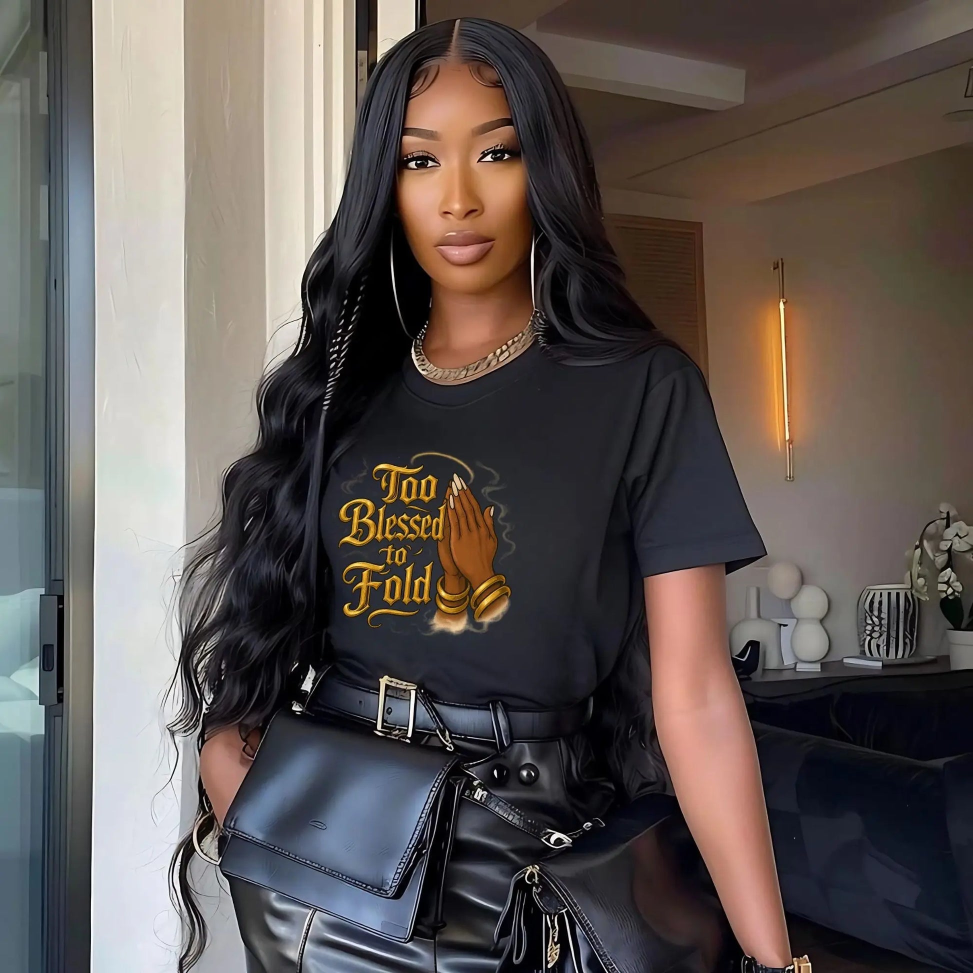 “Too Blessed to Fold” Graphic Tee – Black Woman Praying Hands Shirt | Faith Shirt for Women | Inspirational Christian Tee | Blessed Graphic T-Shirt Product vendor