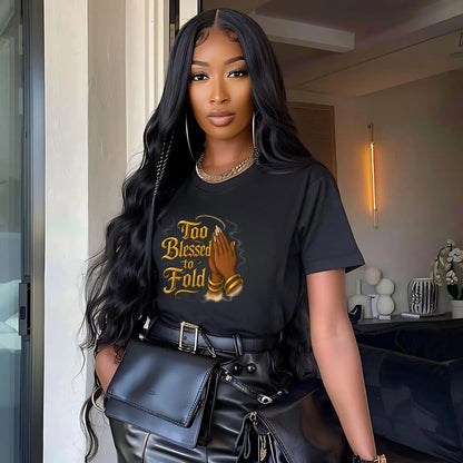 “Too Blessed to Fold” Graphic Tee – Black Woman Praying Hands Shirt | Faith Shirt for Women | Inspirational Christian Tee | Blessed Graphic T-Shirt Product vendor