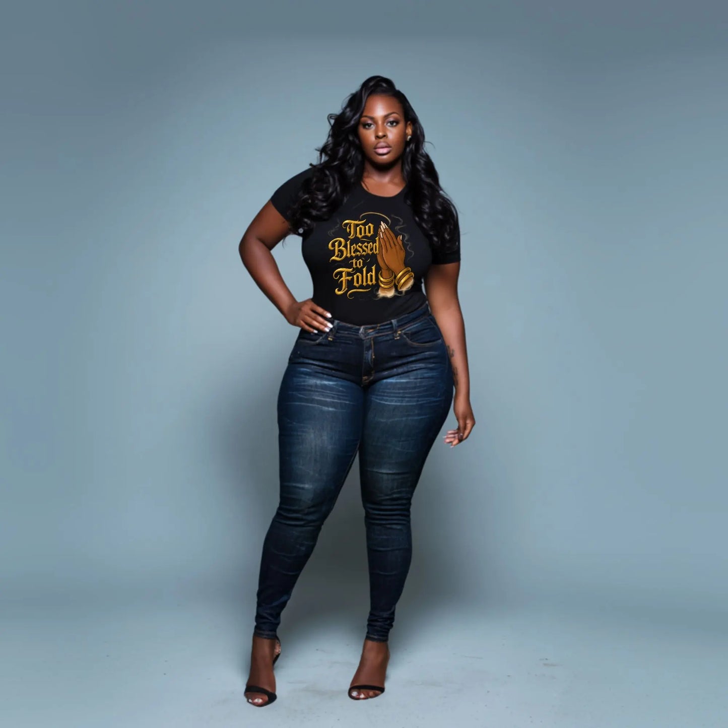 “Too Blessed to Fold” Graphic Tee – Black Woman Praying Hands Shirt | Faith Shirt for Women | Inspirational Christian Tee | Blessed Graphic T-Shirt Product vendor