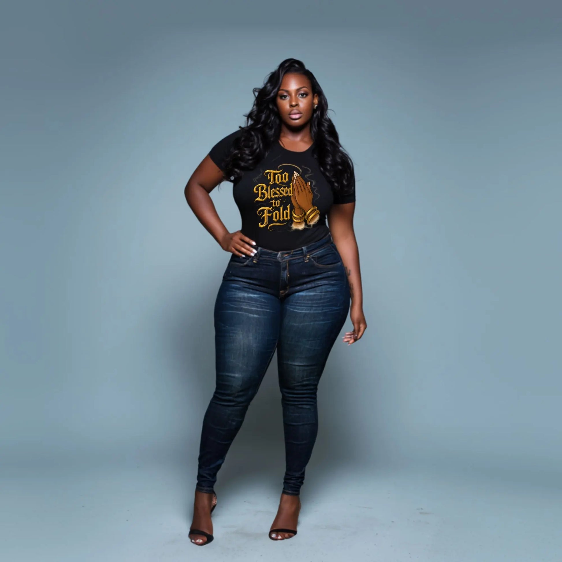 “Too Blessed to Fold” Graphic Tee – Black Woman Praying Hands Shirt | Faith Shirt for Women | Inspirational Christian Tee | Blessed Graphic T-Shirt Product vendor