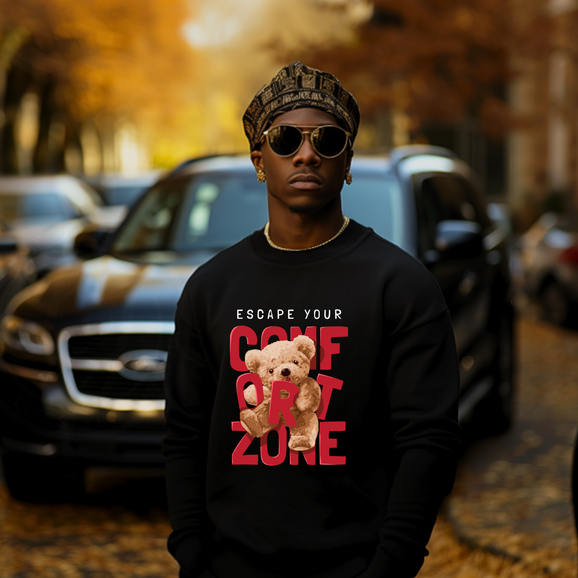 Escape Your Comfort Zone Sweatshirt – Motivational Teddy Bear Pullover Branded Kreations Kraft Boutique