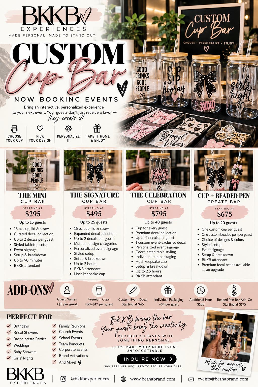 BKKB Custom Cup Bar event packages and booking flyer